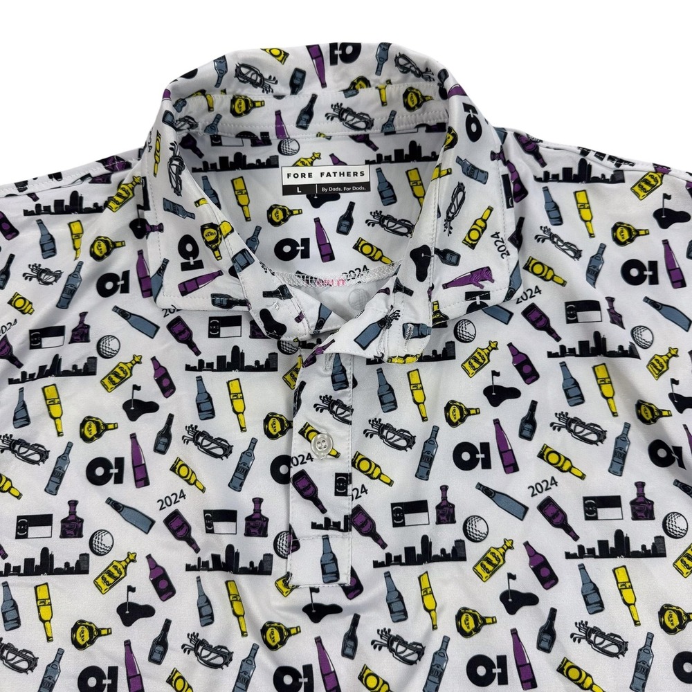 Fore Fathers Polo Shirt Mens Large White Golf Beer Graphic Print Performance Top